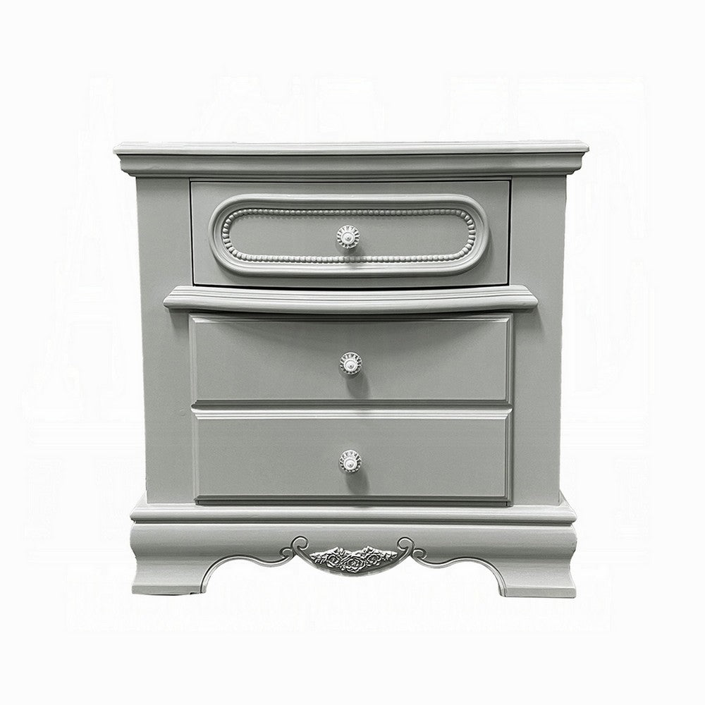 Benjara Auri Kids Nightstand, 3 Drawers And Scalloped Base, 27 Inch Gray Wood