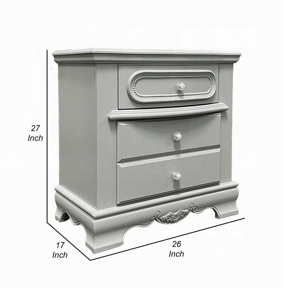 Benjara Auri Kids Nightstand, 3 Drawers And Scalloped Base, 27 Inch Gray Wood