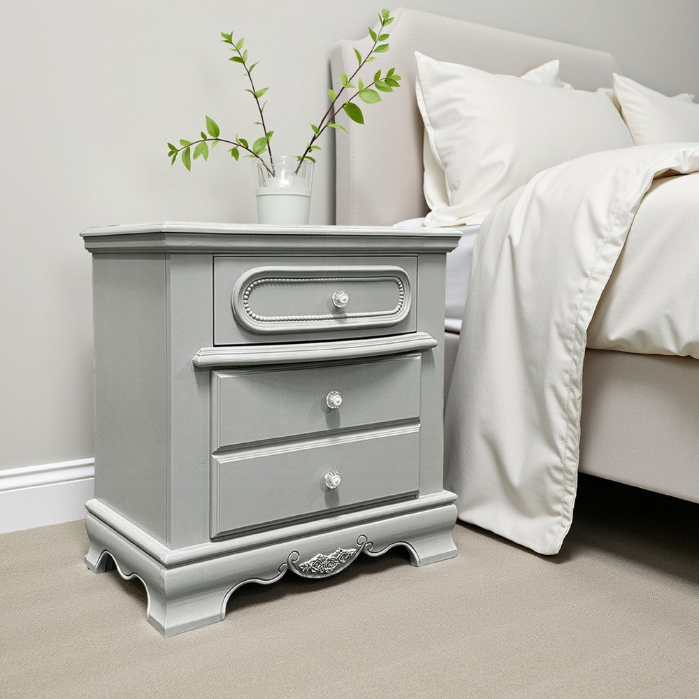 Benjara Auri Kids Nightstand, 3 Drawers And Scalloped Base, 27 Inch Gray Wood