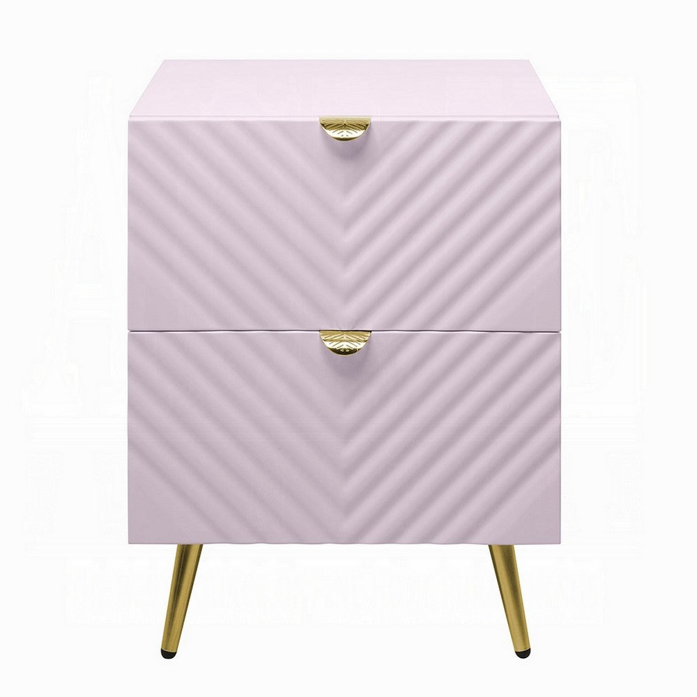 Benjara Tyra Nightstand, Geometric 2 Drawers, Gold Metal, 25 Inch Pink Wood