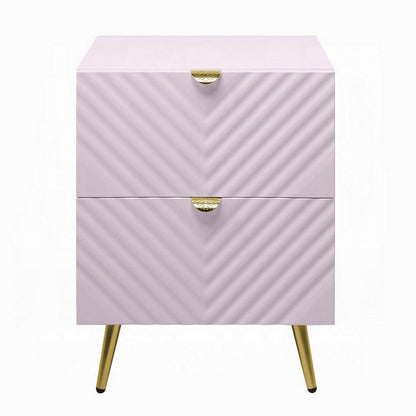 Benjara Tyra Nightstand, Geometric 2 Drawers, Gold Metal, 25 Inch Pink Wood