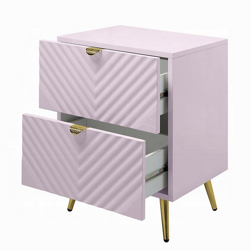 Benjara Tyra Nightstand, Geometric 2 Drawers, Gold Metal, 25 Inch Pink Wood