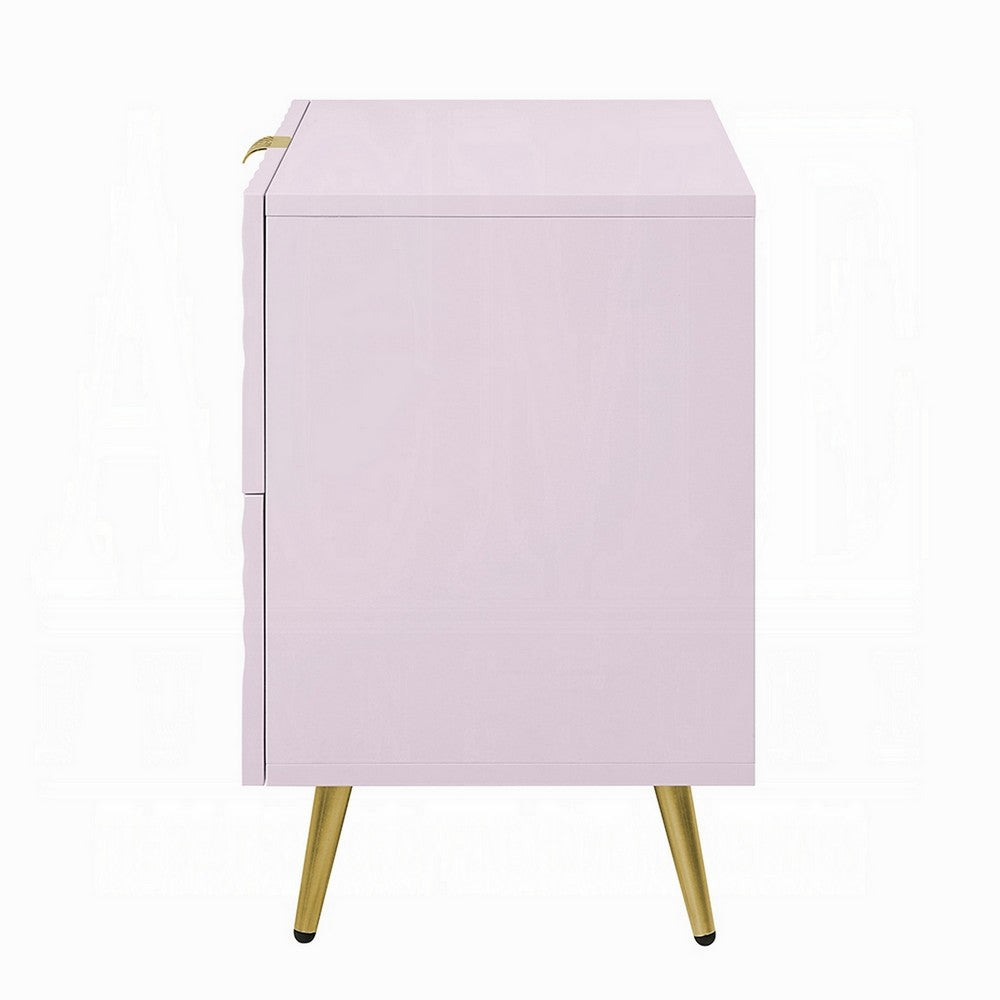 Benjara Tyra Nightstand, Geometric 2 Drawers, Gold Metal, 25 Inch Pink Wood