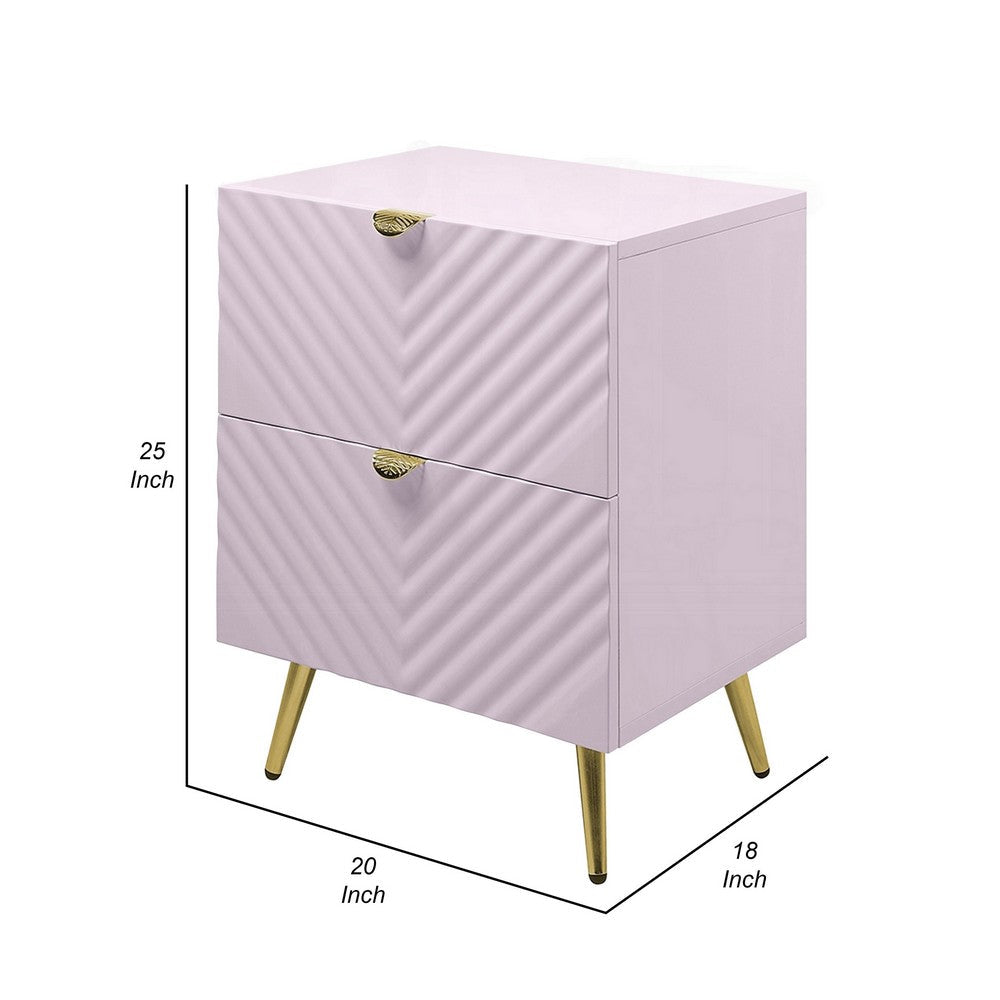 Benjara Tyra Nightstand, Geometric 2 Drawers, Gold Metal, 25 Inch Pink Wood