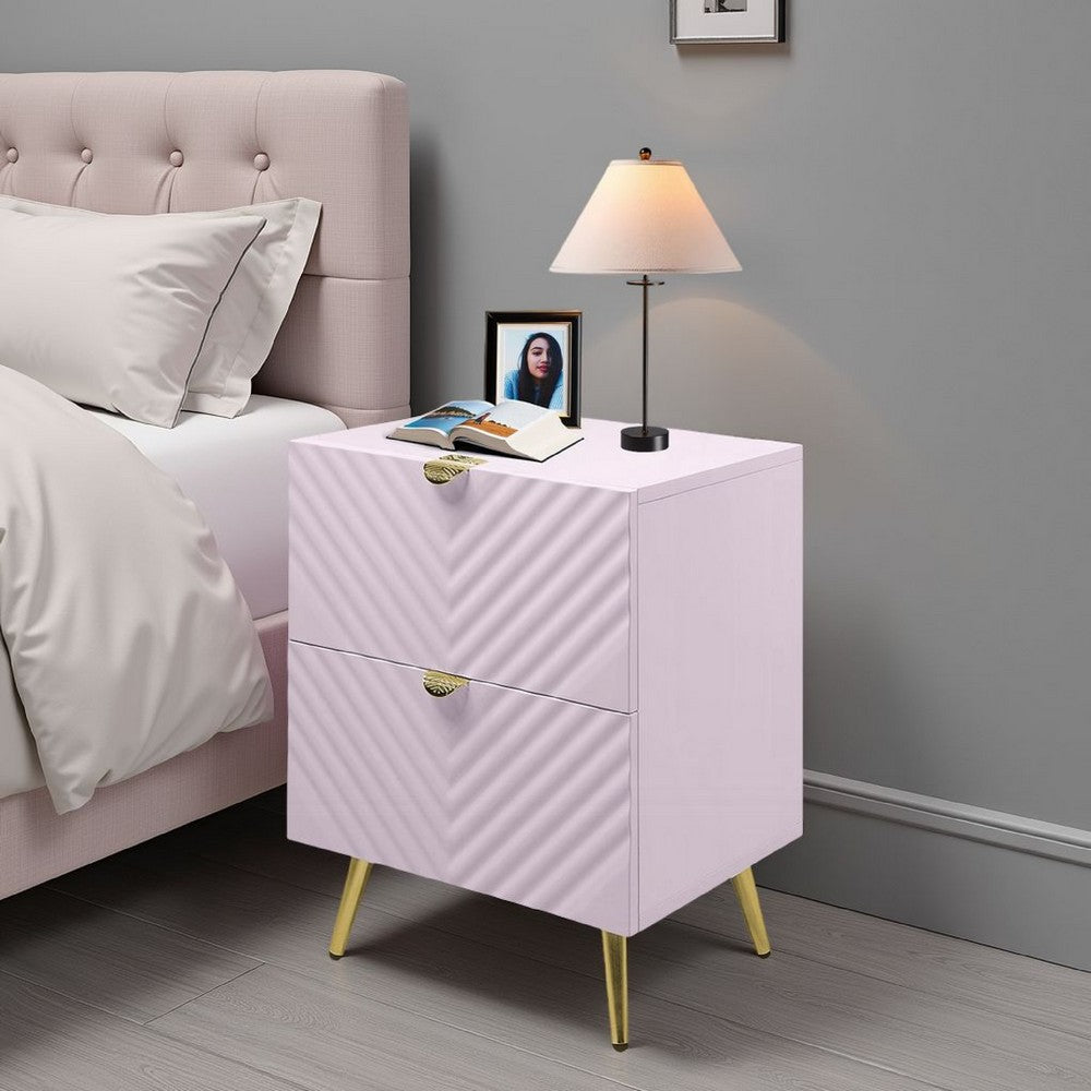 Benjara Tyra Nightstand, Geometric 2 Drawers, Gold Metal, 25 Inch Pink Wood