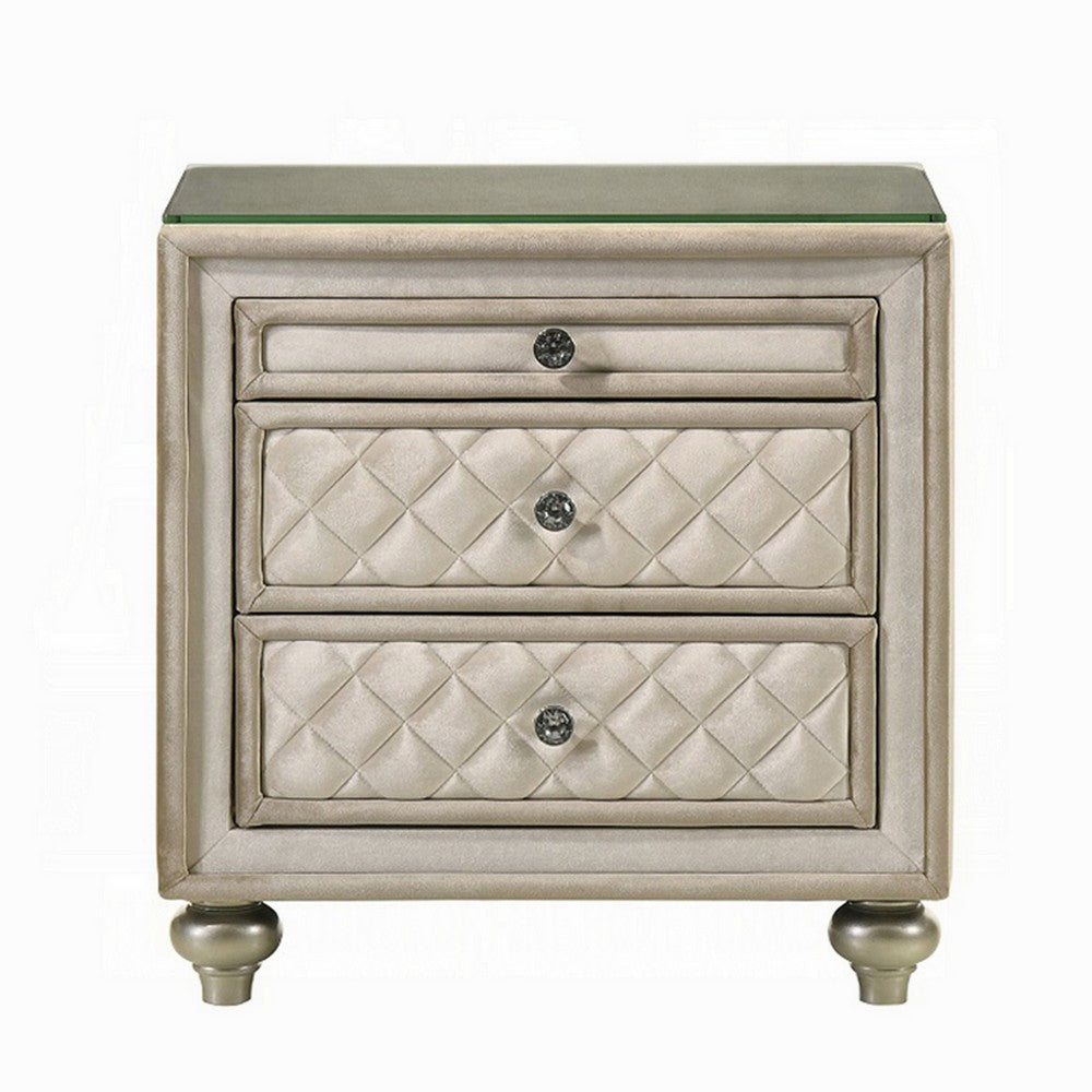Benjara Willa Nightstand, 2 Drawers, Pull Out Tray, 27 Inch Wood, Beige Velvet