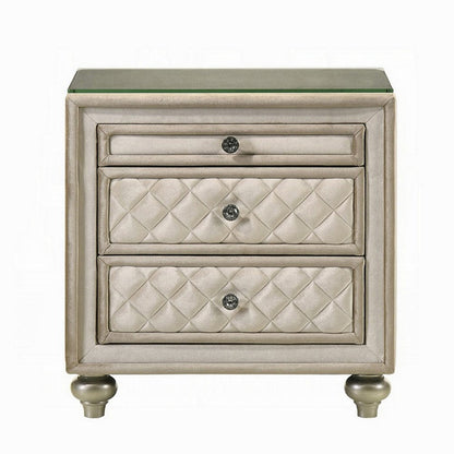 Benjara Willa Nightstand, 2 Drawers, Pull Out Tray, 27 Inch Wood, Beige Velvet