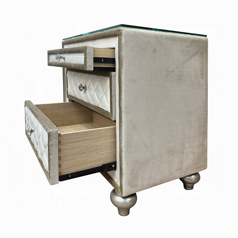 Benjara Willa Nightstand, 2 Drawers, Pull Out Tray, 27 Inch Wood, Beige Velvet