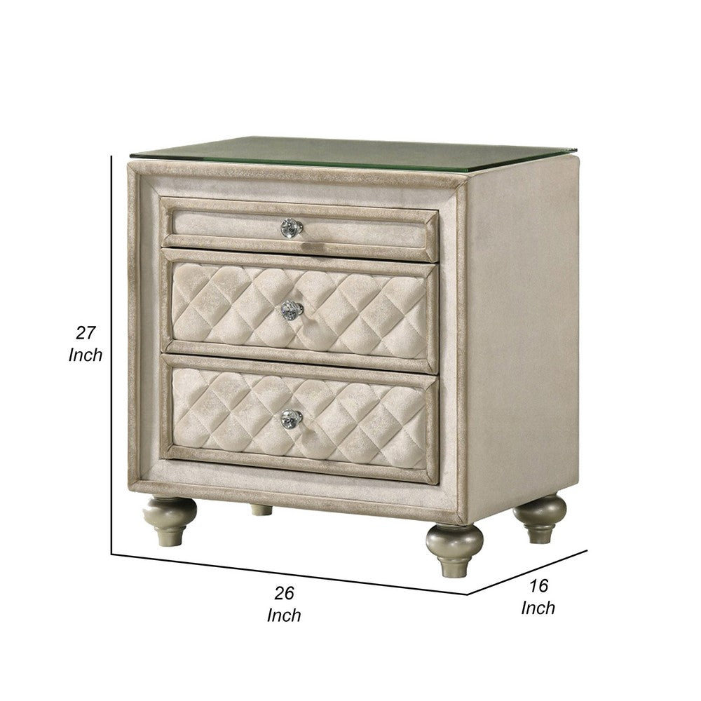 Benjara Willa Nightstand, 2 Drawers, Pull Out Tray, 27 Inch Wood, Beige Velvet