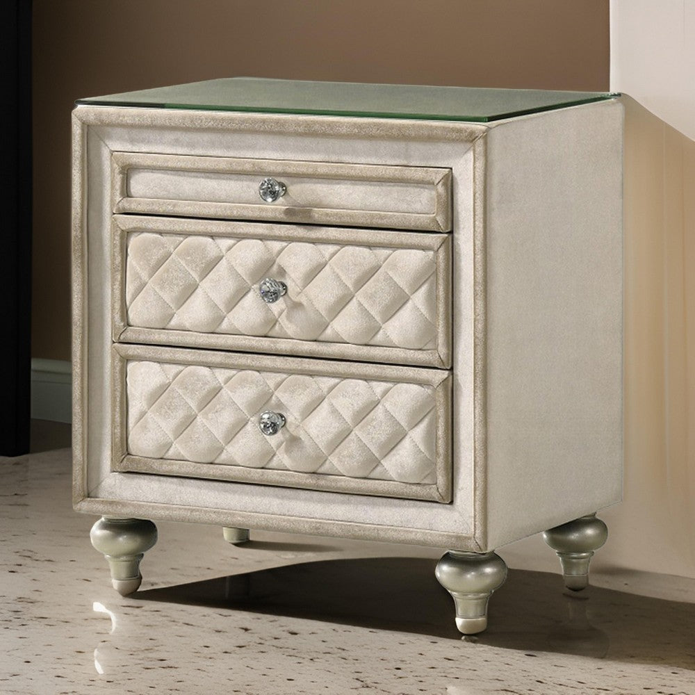 Benjara Willa Nightstand, 2 Drawers, Pull Out Tray, 27 Inch Wood, Beige Velvet