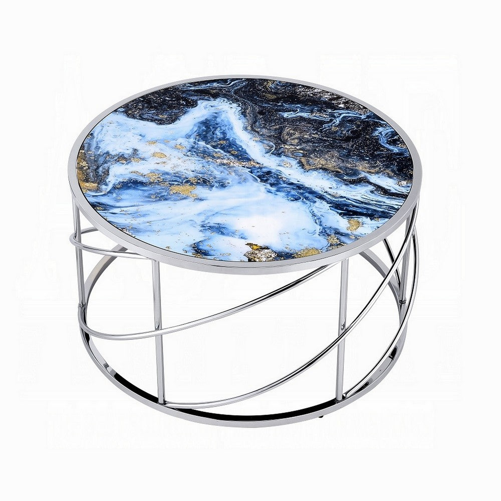 Benjara Shira Round Coffee Table, 33 Inch, Open Chrome Base, Blue Faux Marble