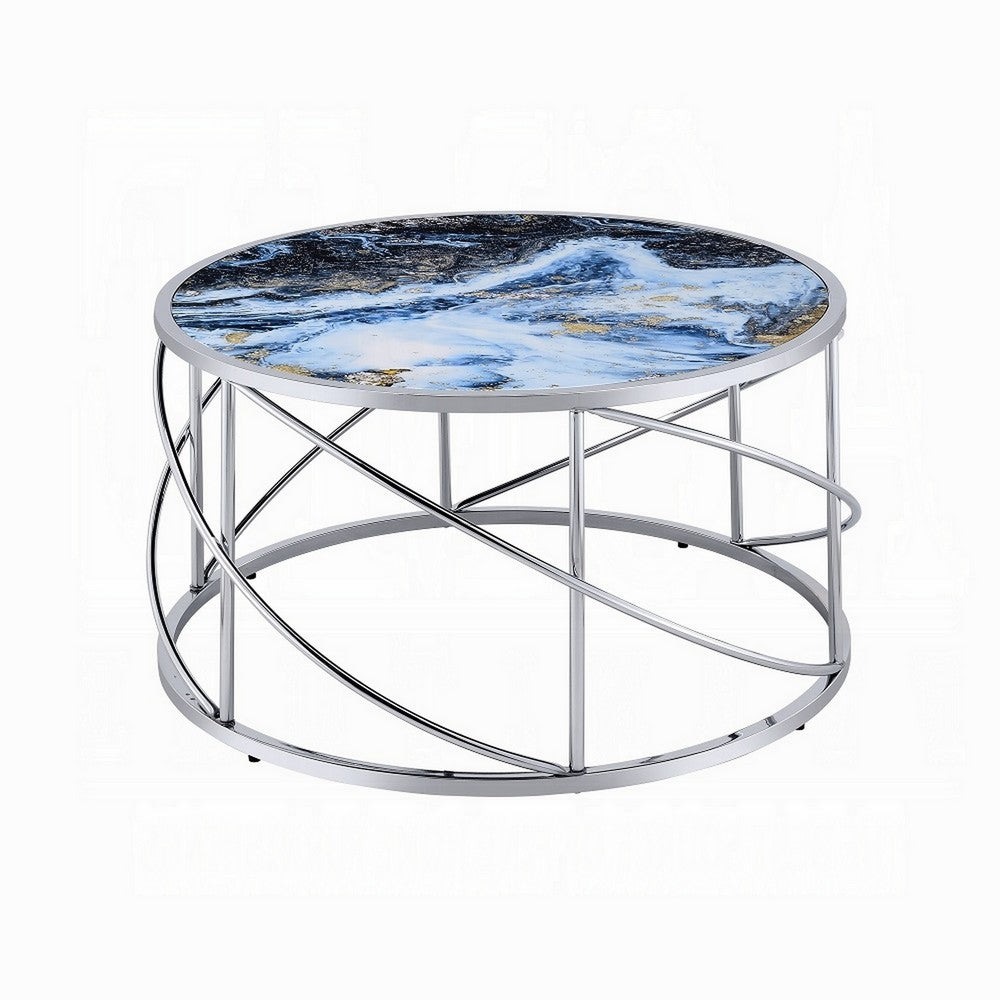 Benjara Shira Round Coffee Table, 33 Inch, Open Chrome Base, Blue Faux Marble