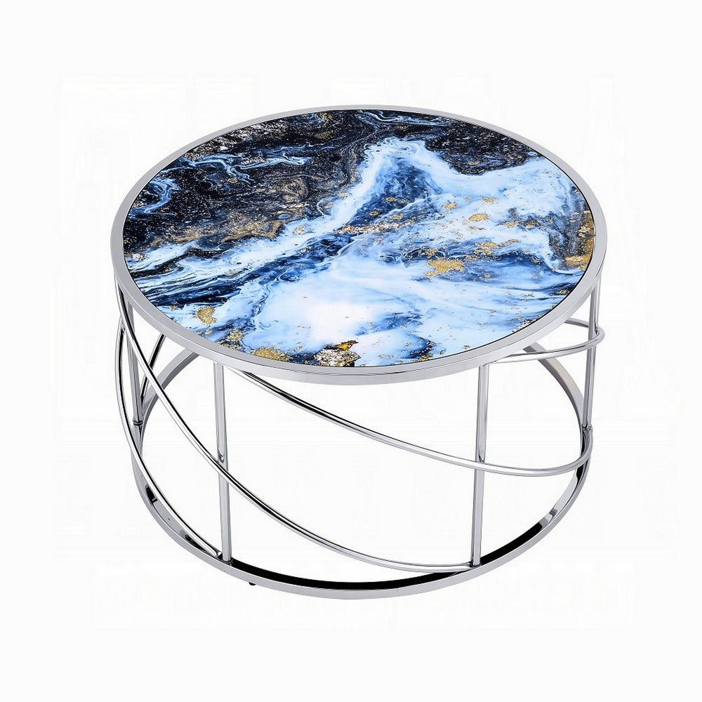 Benjara Shira Round Coffee Table, 33 Inch, Open Chrome Base, Blue Faux Marble