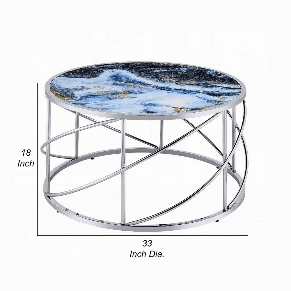 Benjara Shira Round Coffee Table, 33 Inch, Open Chrome Base, Blue Faux Marble