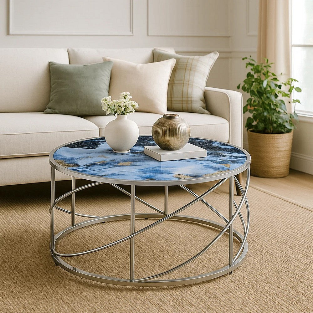 Benjara Shira Round Coffee Table, 33 Inch, Open Chrome Base, Blue Faux Marble