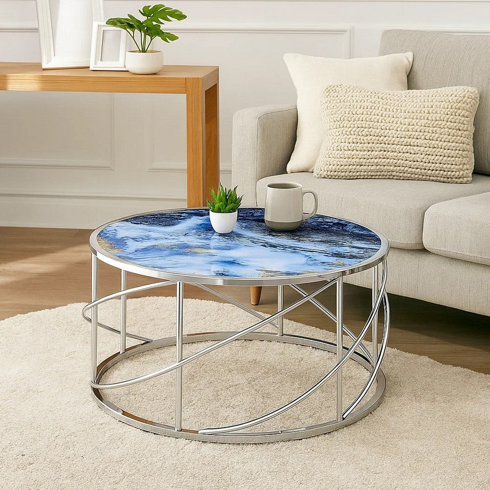 Benjara Shira Round Coffee Table, 33 Inch, Open Chrome Base, Blue Faux Marble