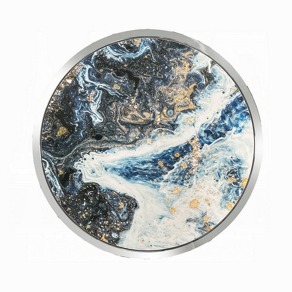 Benjara Shira Round Side End Table, 22 Inch, Open Chrome Base Blue Faux Marble