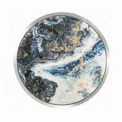 Benjara Shira Round Side End Table, 22 Inch, Open Chrome Base Blue Faux Marble