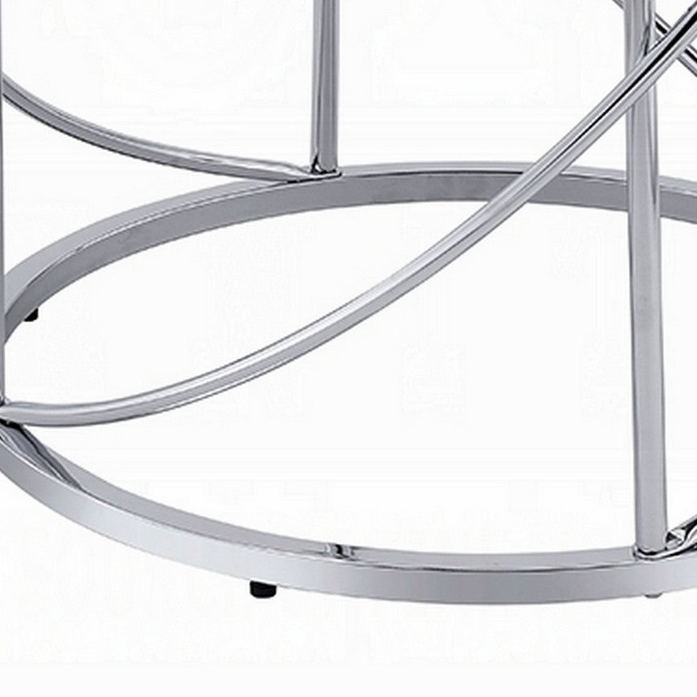 Benjara Shira Round Side End Table, 22 Inch, Open Chrome Base Blue Faux Marble