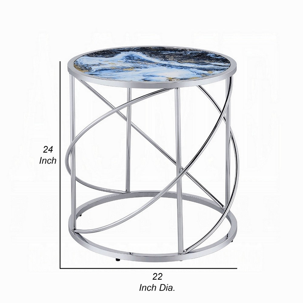 Benjara Shira Round Side End Table, 22 Inch, Open Chrome Base Blue Faux Marble