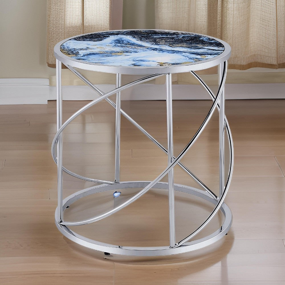 Benjara Shira Round Side End Table, 22 Inch, Open Chrome Base Blue Faux Marble