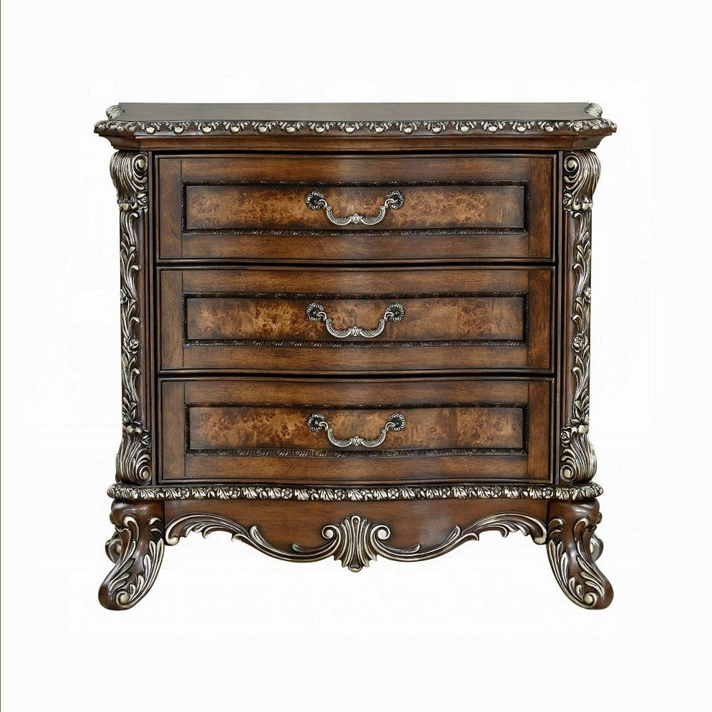 Benjara Vany Nightstand, Traditional Floral Trim, 3 Drawers, Cherry Brown