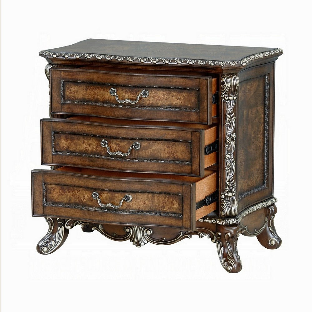 Benjara Vany Nightstand, Traditional Floral Trim, 3 Drawers, Cherry Brown