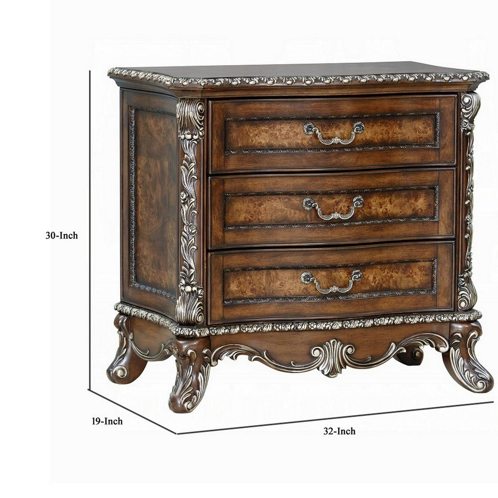 Benjara Vany Nightstand, Traditional Floral Trim, 3 Drawers, Cherry Brown