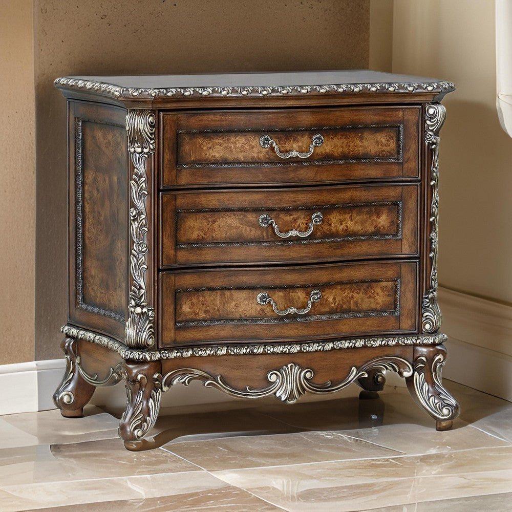 Benjara Vany Nightstand, Traditional Floral Trim, 3 Drawers, Cherry Brown