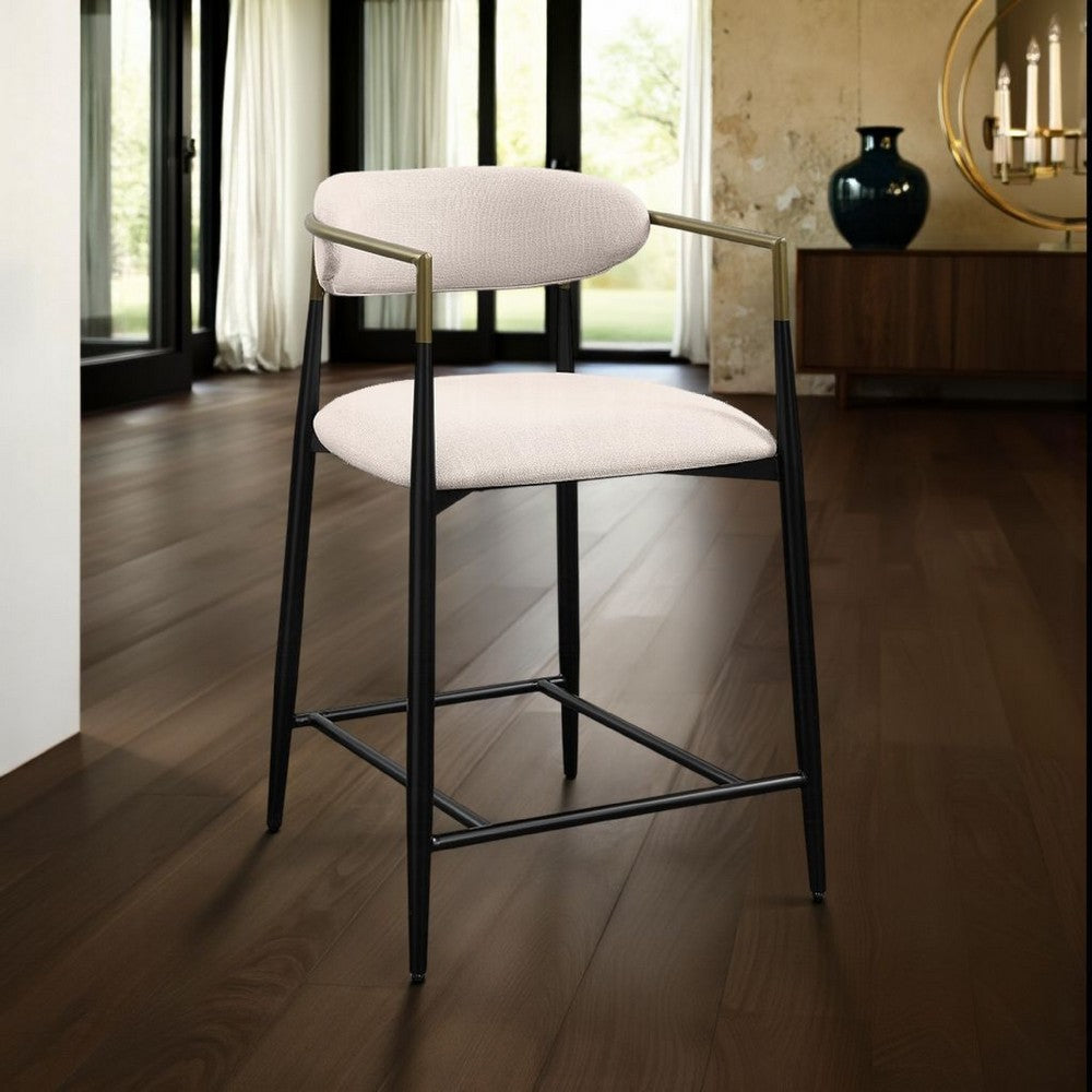 Benjara Vonn 25 Inch Counter Height Chair, Beige Fabric, Black Metal Frame