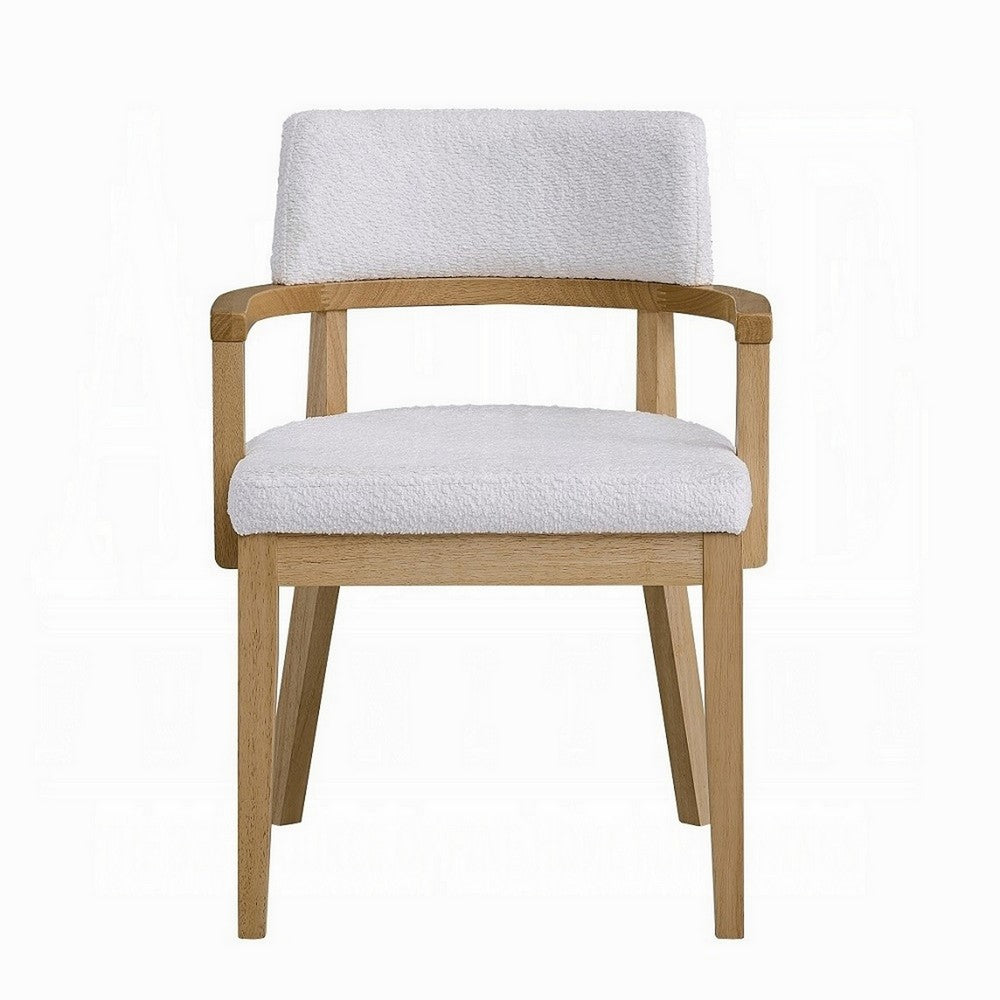 Benjara Semi Dining Armchair Set of 2, Curved Cutout Back, White Fabric, Brown
