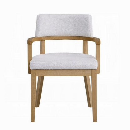 Benjara Semi Dining Armchair Set of 2, Curved Cutout Back, White Fabric, Brown