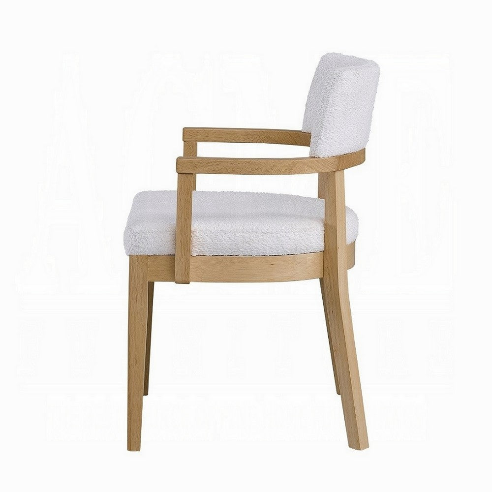Benjara Semi Dining Armchair Set of 2, Curved Cutout Back, White Fabric, Brown