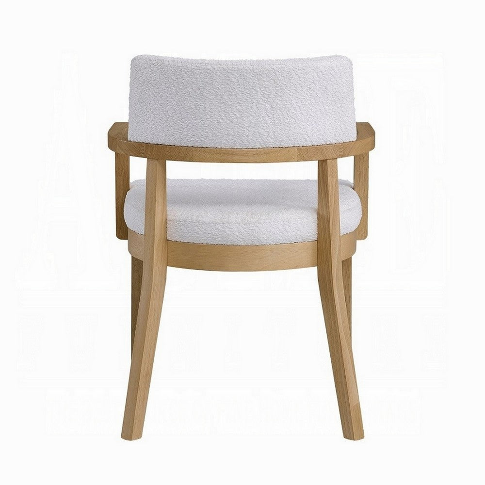 Benjara Semi Dining Armchair Set of 2, Curved Cutout Back, White Fabric, Brown