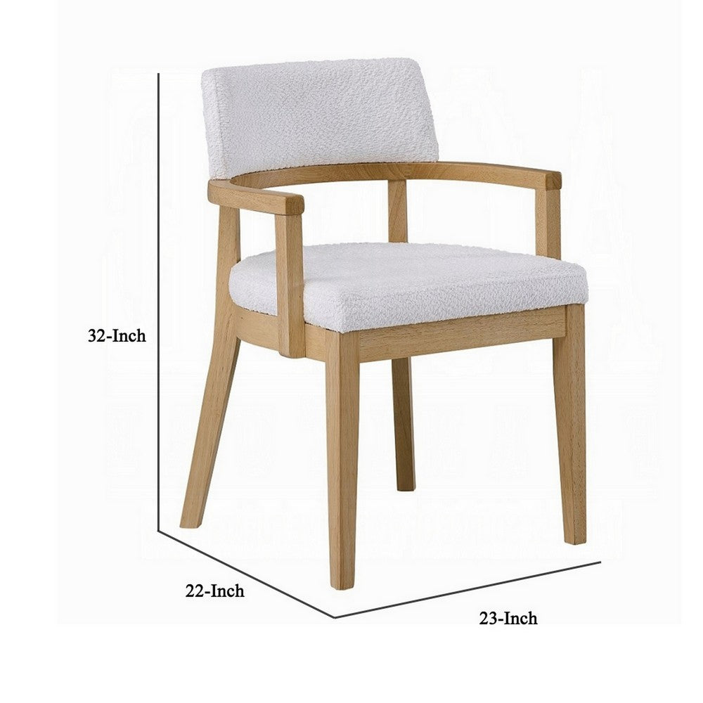 Benjara Semi Dining Armchair Set of 2, Curved Cutout Back, White Fabric, Brown