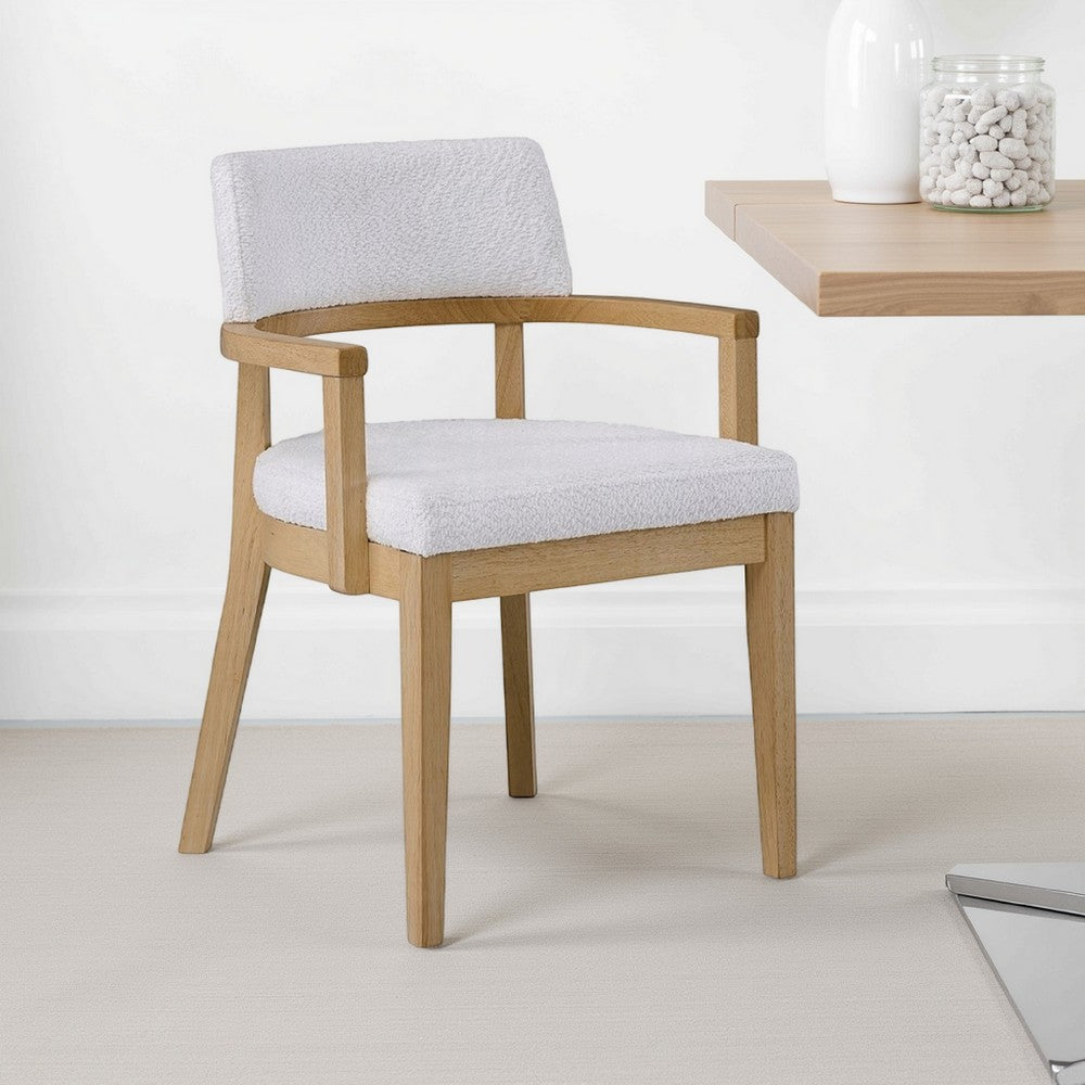 Benjara Semi Dining Armchair Set of 2, Curved Cutout Back, White Fabric, Brown
