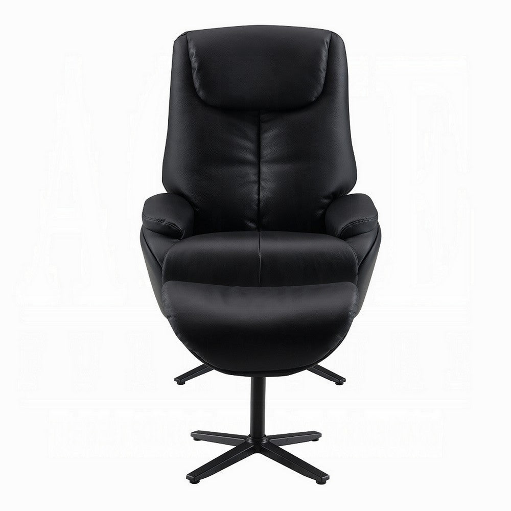 Benjara Nita Swivel Accent Chair with Ottoman, Plush Black Top Grain Leather