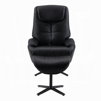 Benjara Nita Swivel Accent Chair with Ottoman, Plush Black Top Grain Leather