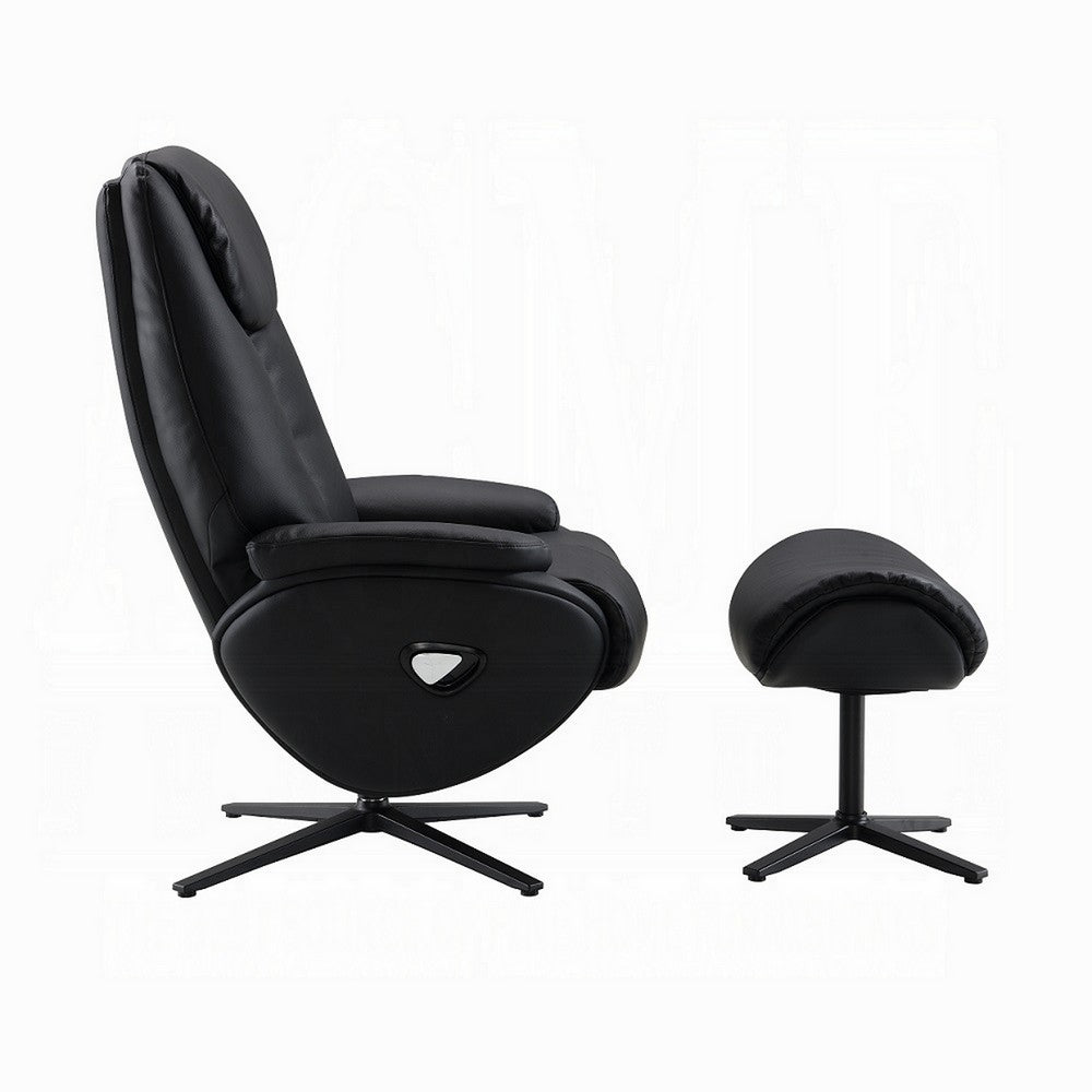 Benjara Nita Swivel Accent Chair with Ottoman, Plush Black Top Grain Leather