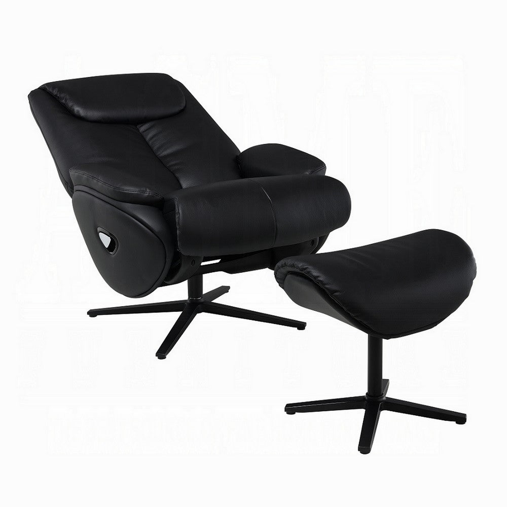 Benjara Nita Swivel Accent Chair with Ottoman, Plush Black Top Grain Leather