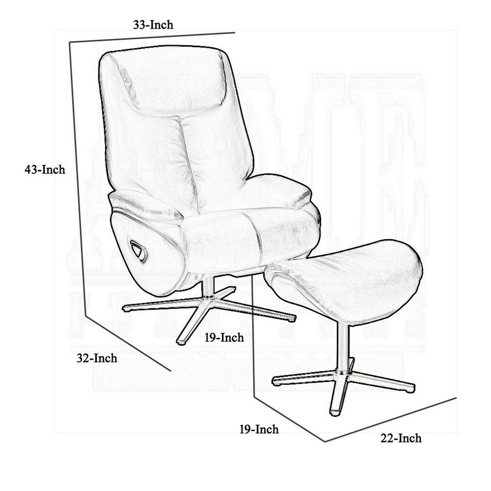 Benjara Nita Swivel Accent Chair with Ottoman, Plush Black Top Grain Leather
