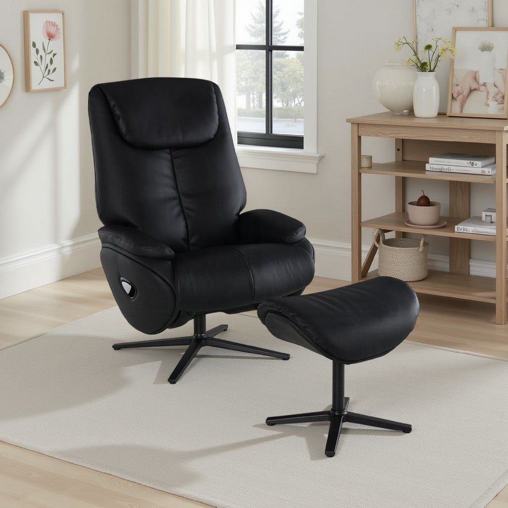 Benjara Nita Swivel Accent Chair with Ottoman, Plush Black Top Grain Leather
