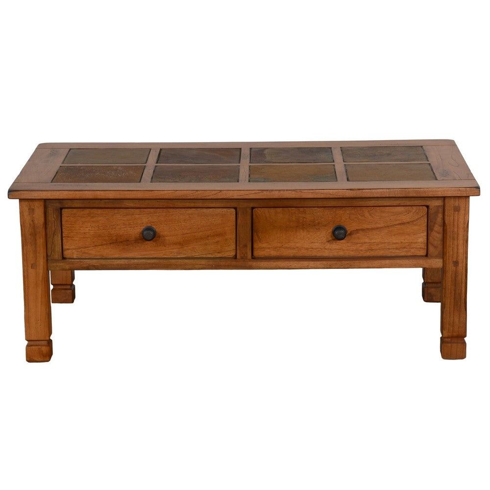 Benjara Marv Coffee Table, 2 Drawers, 49 Inch Rectangular w Brown Slate Inlay