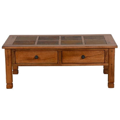 Benjara Marv Coffee Table, 2 Drawers, 49 Inch Rectangular w Brown Slate Inlay