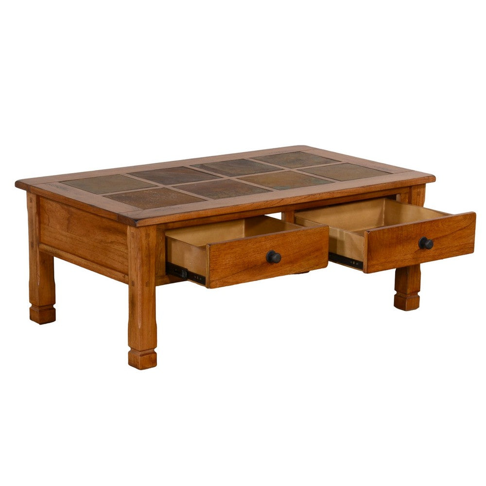 Benjara Marv Coffee Table, 2 Drawers, 49 Inch Rectangular w Brown Slate Inlay