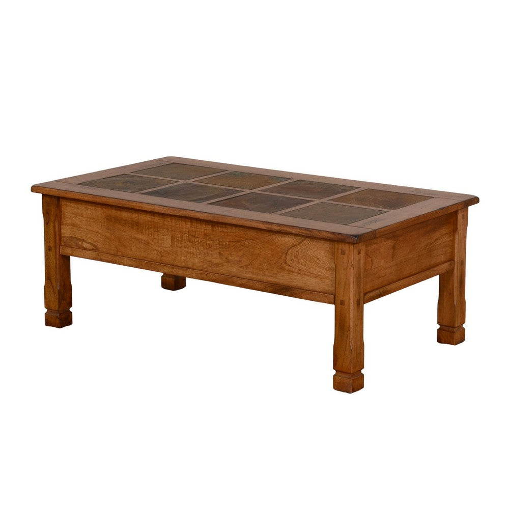 Benjara Marv Coffee Table, 2 Drawers, 49 Inch Rectangular w Brown Slate Inlay