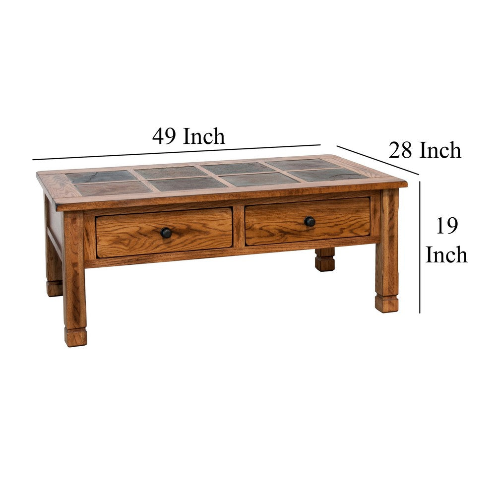 Benjara Marv Coffee Table, 2 Drawers, 49 Inch Rectangular w Brown Slate Inlay