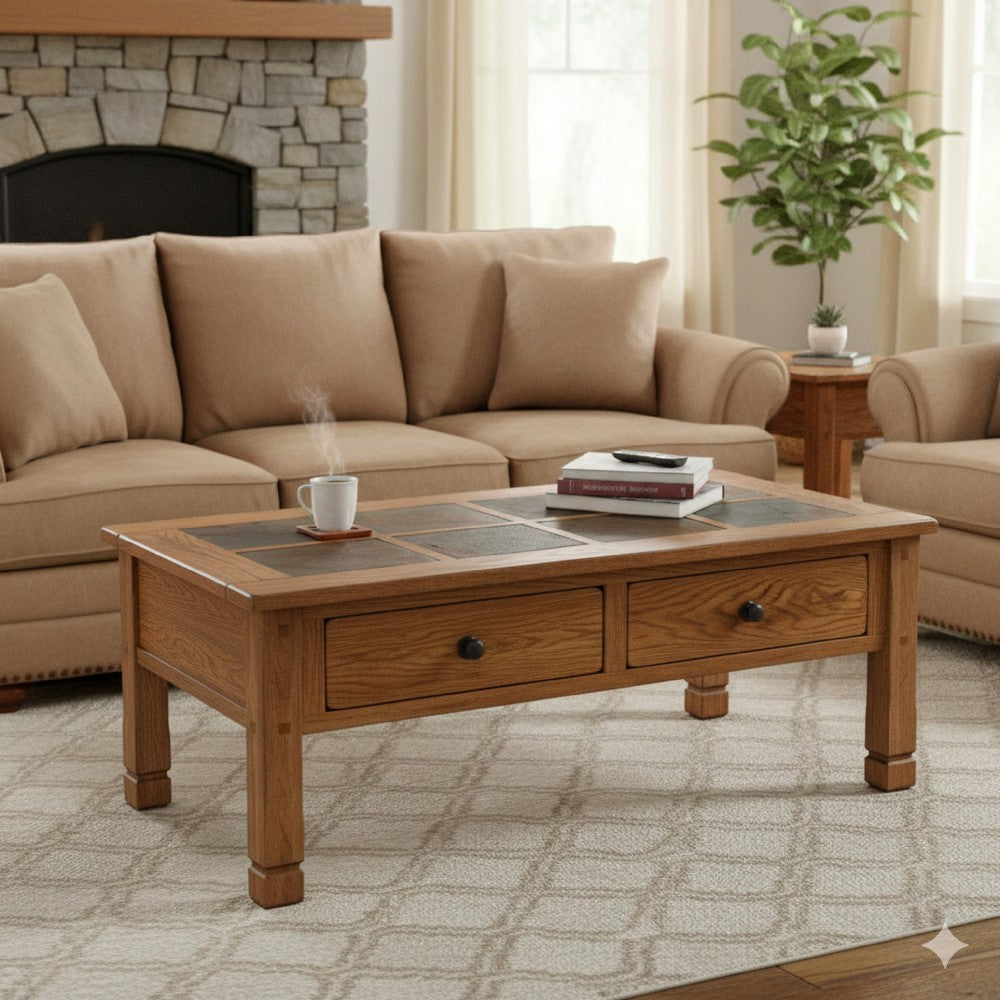 Benjara Marv Coffee Table, 2 Drawers, 49 Inch Rectangular w Brown Slate Inlay