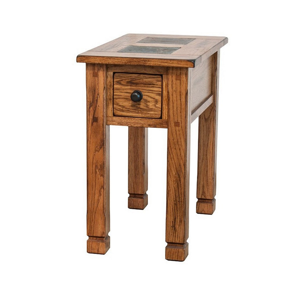 Benjara Marv Accent Chair Side Table, 25 Inch Rectangular Top, Drawer, Brown
