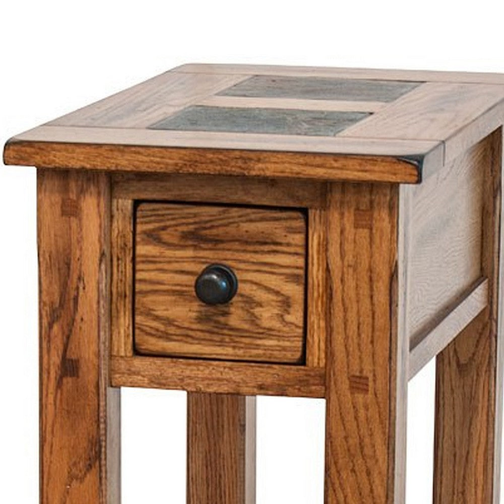 Benjara Marv Accent Chair Side Table, 25 Inch Rectangular Top, Drawer, Brown